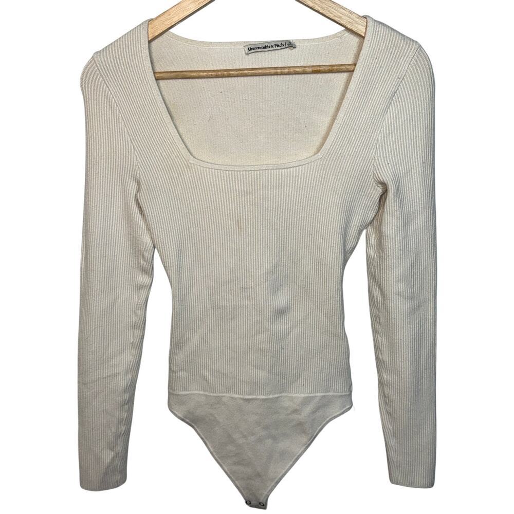 Abercrombie & Fitch Cream Ribbed Knit Square Neck Long Sleeve Bodysuit Womens S